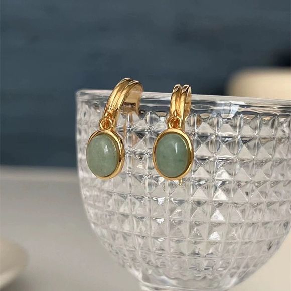 18K Gold Plated Natural Averturine Drop Earrings - Picture 9 of 10